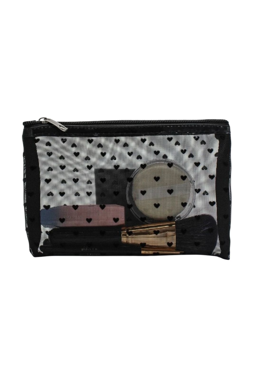 Transparent makeup bag decorated with black hearts