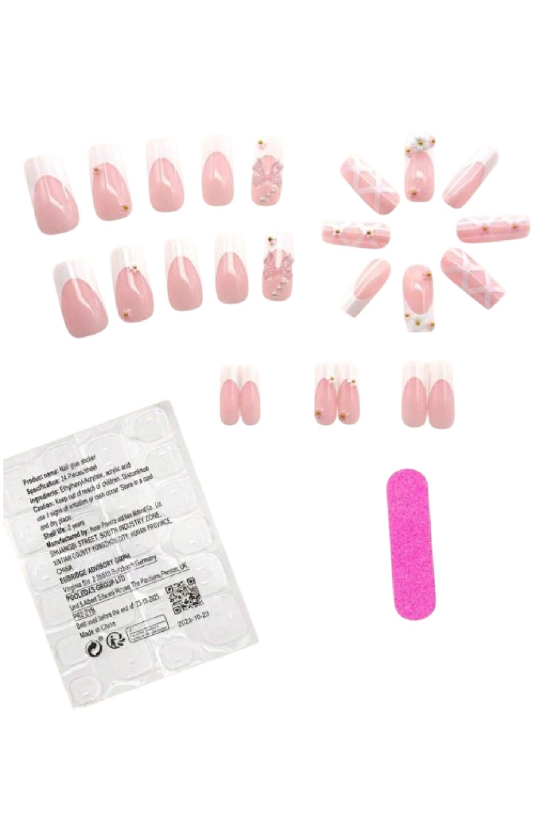 24pcs Long Square White Pink Camellia Frozen Pink Bow