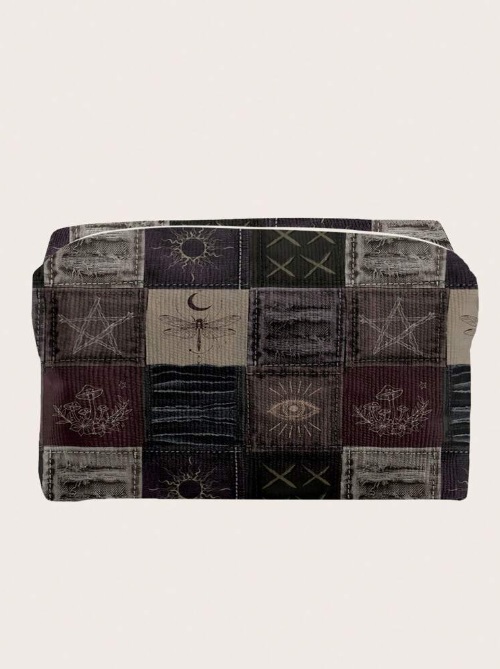 ROMWE Fairycore Vintage Patchwork Pattern Octagon Velvet Cosmetic Bag