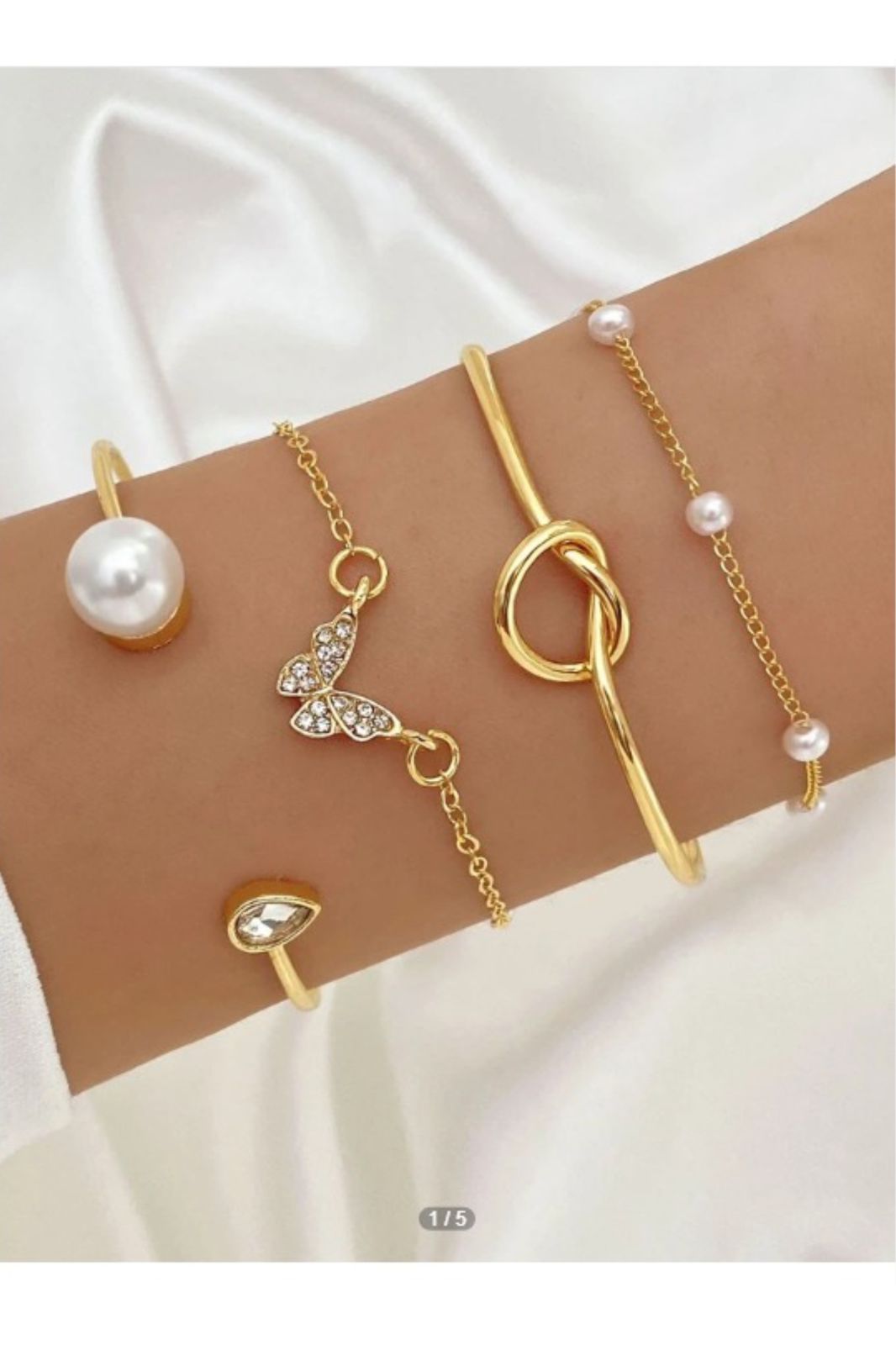 4Pcs Faux Pearl & Butterfly Heart Decor Open Bracelet Set