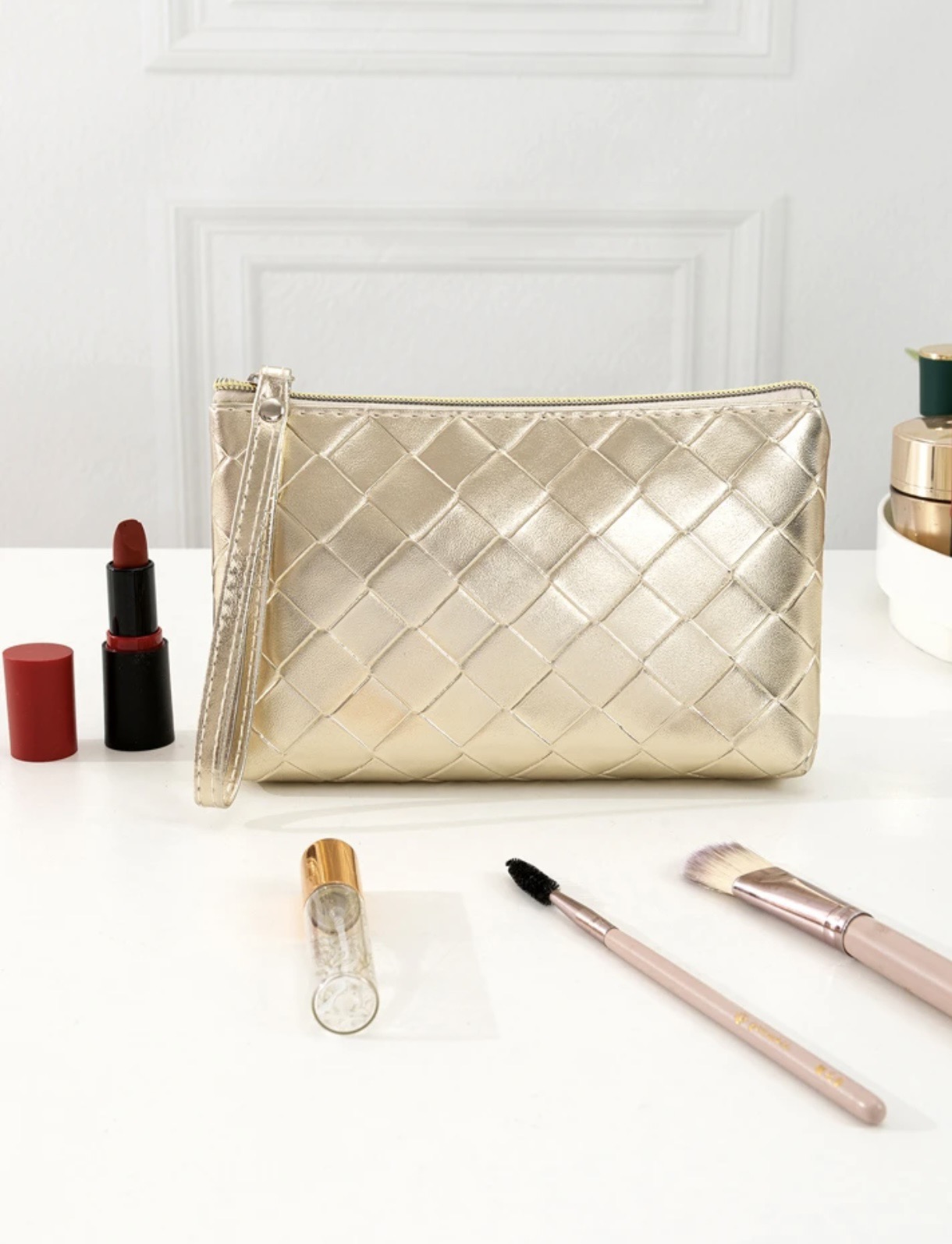 1pc Metallic Color PU Leather Makeup Bag,