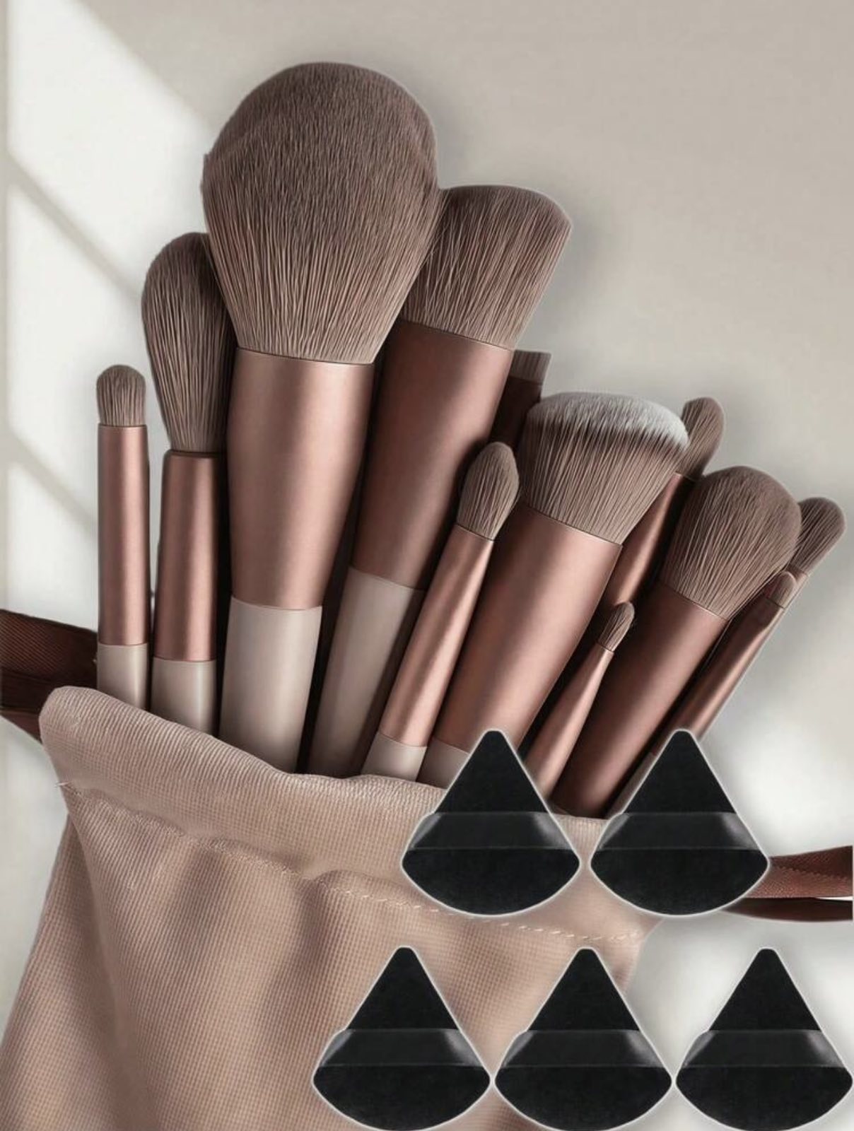 13 brown brushes+ 5 Powder puffs