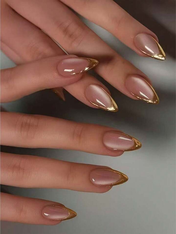 150pcs Short Almond Cat Eye French False Nails Set - Gold
