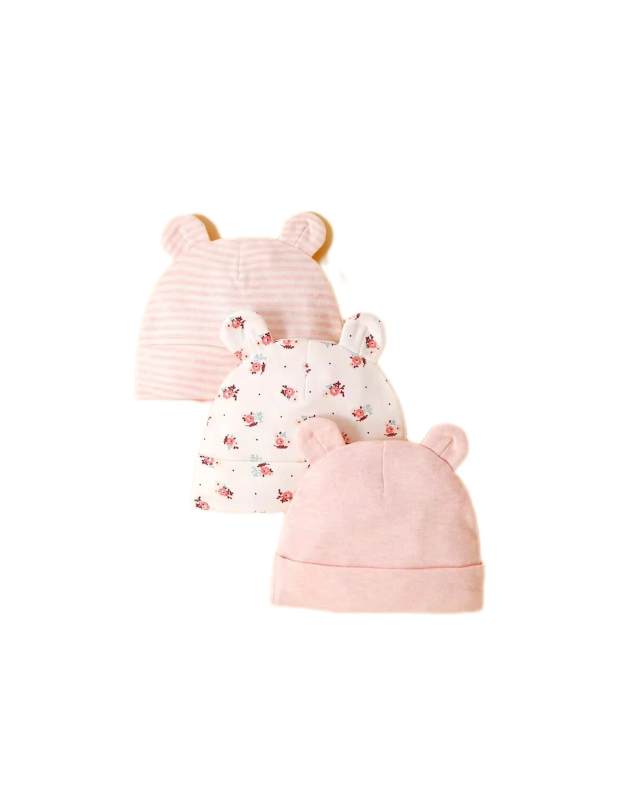 momscare 3pcs Sweet Pink Rose Pattern Bear Ear Baby Hat